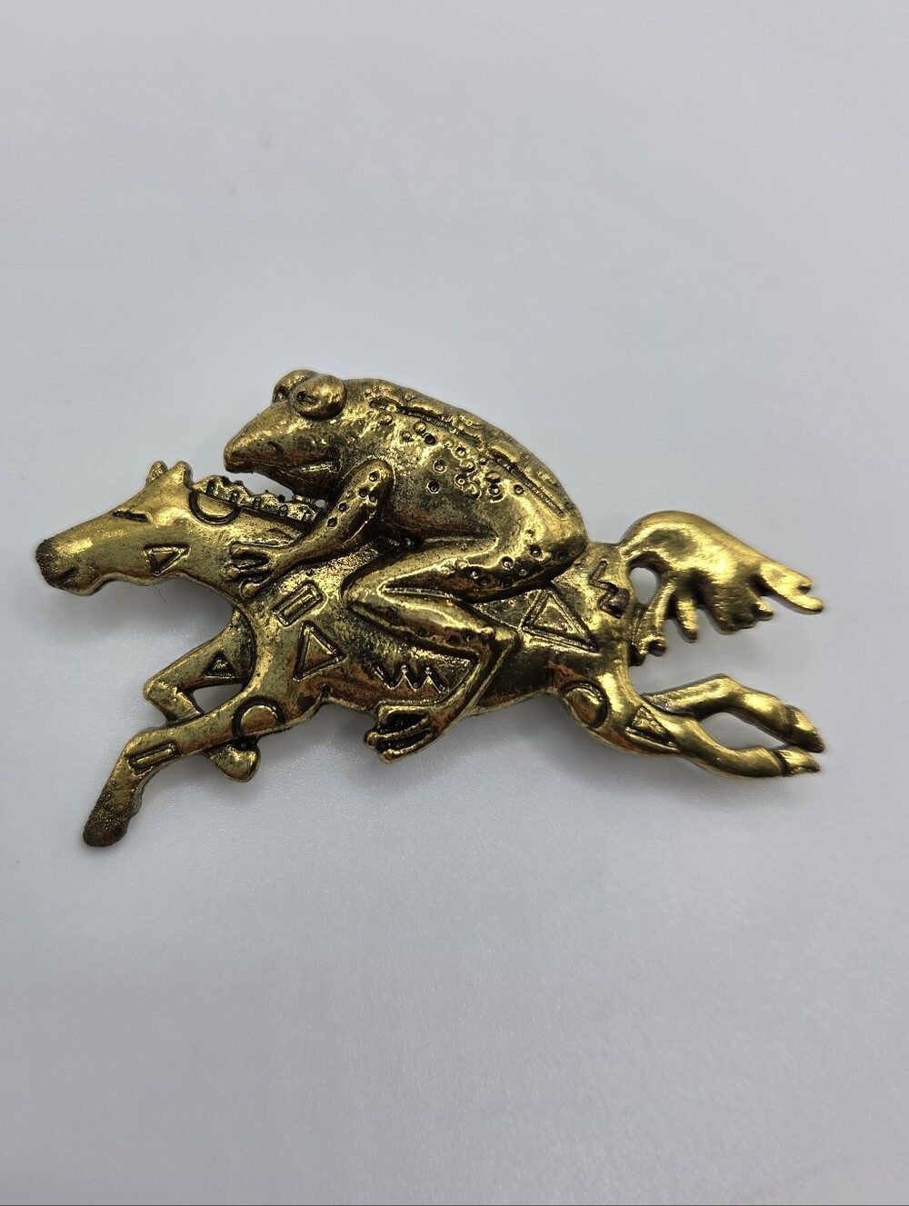Frog Riding Horse Brooch Gold Tone Whimsical Novelty Statement Pin